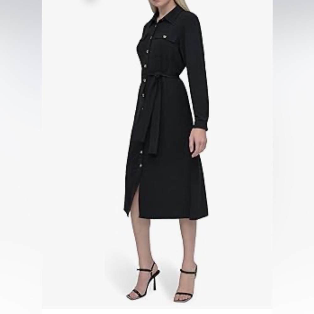 NWT DKNY Dress size 4 Black Women's Long Sleeve Collared Tie Waist Midi - Picture 3 of 7